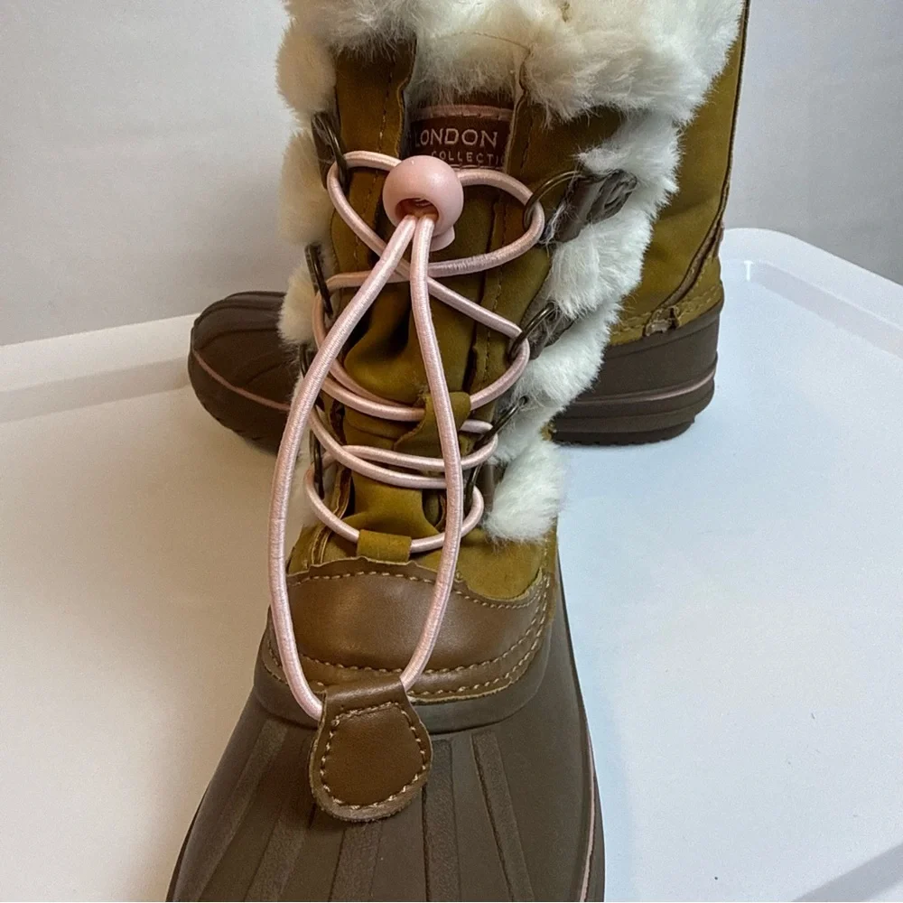 London Fog Kids Brown SnowBoots‎ w/ Pink Accents sz 2 Faux Fur Winter Outdoor